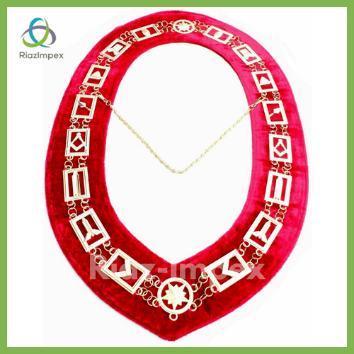 RIAZ IMPEX MASONIC REGALIA Masonic Regalia Master Mason GOLDEN Metal Chain Collar RED Backing