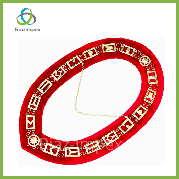 RIAZ IMPEX MASONIC REGALIA Masonic Regalia Master Mason GOLDEN Metal Chain Collar RED Backing