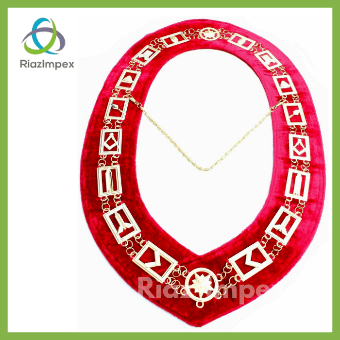 RIAZ IMPEX MASONIC REGALIA Masonic Regalia Master Mason GOLDEN Metal Chain Collar RED Velvet Backing