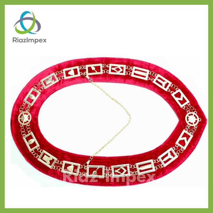RIAZ IMPEX MASONIC REGALIA Masonic Regalia Master Mason GOLDEN Metal Chain Collar RED Velvet Backing