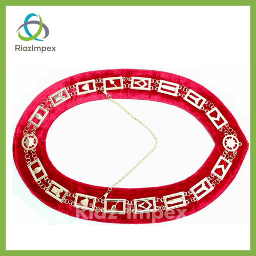 RIAZ IMPEX MASONIC REGALIA Masonic Regalia Master Mason GOLDEN Metal Chain Collar RED Velvet Backing