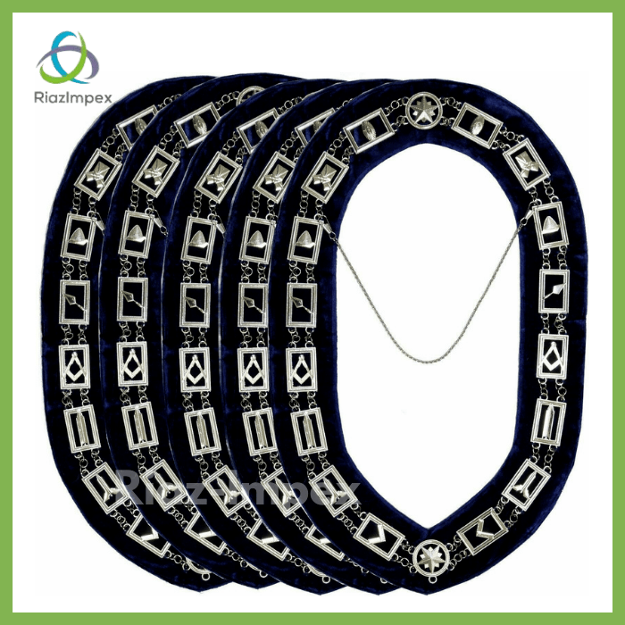 RIAZ IMPEX MASONIC REGALIA Masonic Regalia Master Mason SILVER Chain Collar BLUE Backing pack of 5