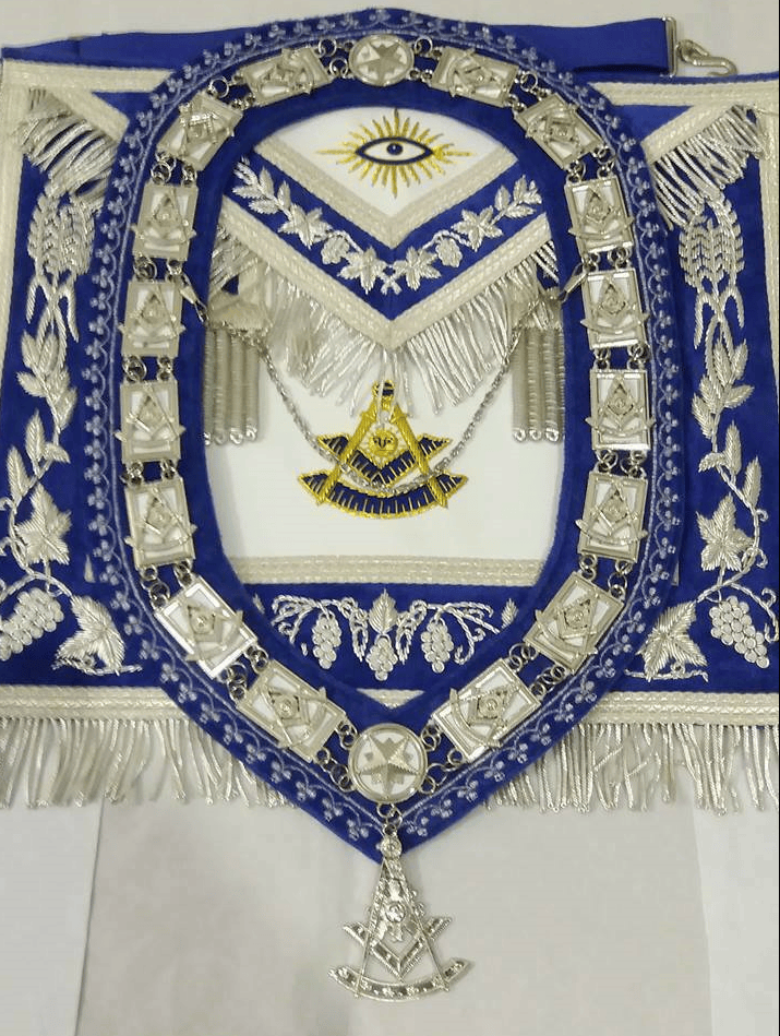 RIAZ IMPEX MASONIC REGALIA MASONIC REGALIA PAST MASTER APRON & COLLAR + JEWEL BLUE VELVET HAND EMBROIDERED