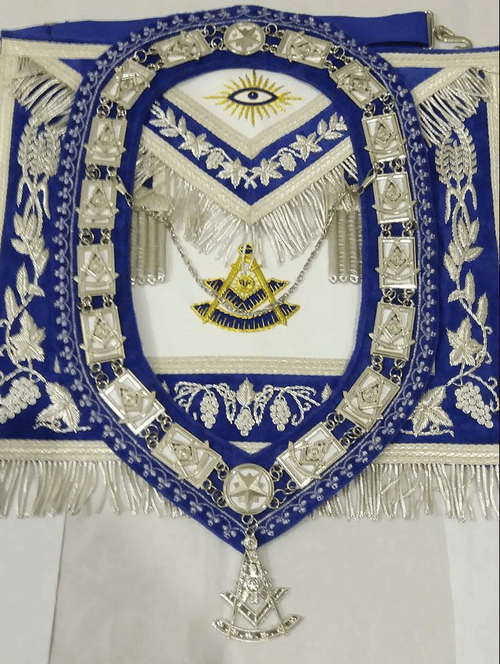RIAZ IMPEX MASONIC REGALIA MASONIC REGALIA PAST MASTER APRON & COLLAR + JEWEL BLUE VELVET HAND EMBROIDERED
