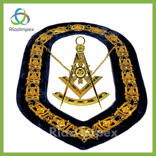 RIAZ IMPEX MASONIC REGALIA Masonic Regalia PAST MASTER GOLD Chain Collar BLUE Velvet Backing with jewel