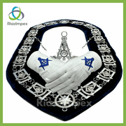 Masonic Past Master Silver Chain Collar Blue Backing with Jewel & Gloves