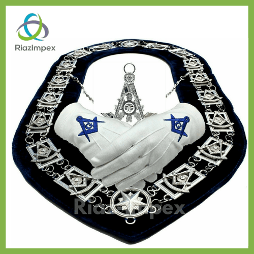 RIAZ IMPEX MASONIC REGALIA Masonic Regalia PAST MASTER SILVER Chain Collar BLUE Backing + JEWEL + GLOVES