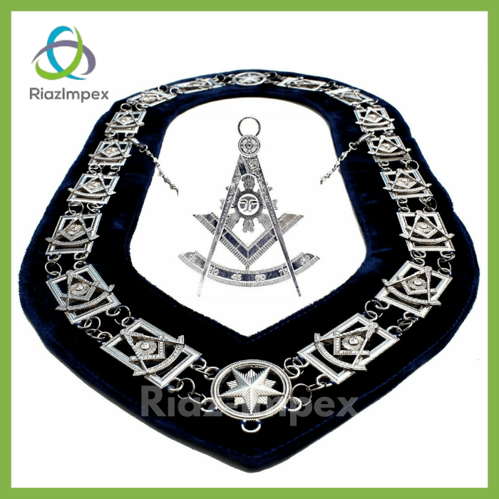 RIAZ IMPEX MASONIC REGALIA Masonic Regalia PAST MASTER SILVER Chain Collar BLUE Backing + JEWEL + GLOVES