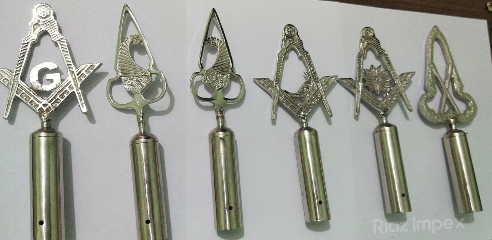 RIAZ IMPEX MASONIC REGALIA Masonic Regalia Pole Topper, BLUE LODGE RODS & TOPS Silver Set of 6 pieces