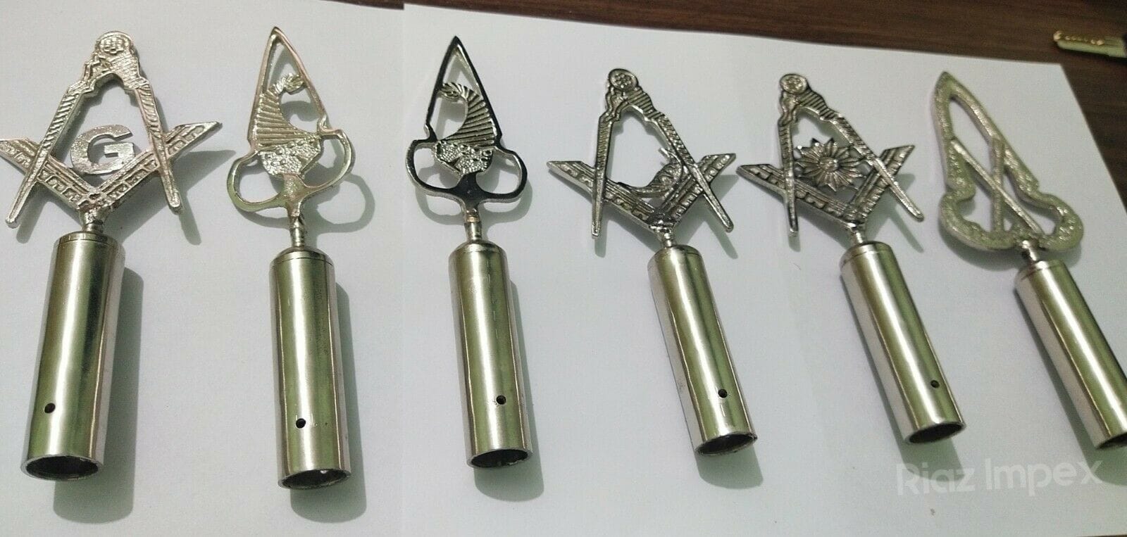 RIAZ IMPEX MASONIC REGALIA Masonic Regalia Pole Topper, BLUE LODGE RODS & TOPS Silver Set of 6 pieces