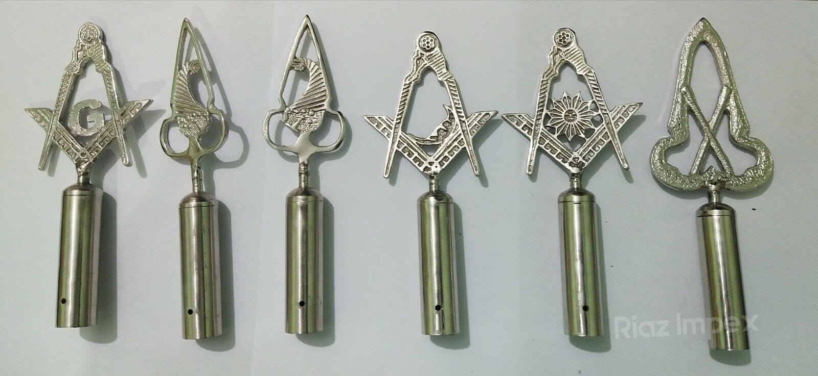 RIAZ IMPEX MASONIC REGALIA Masonic Regalia Pole Topper, BLUE LODGE RODS & TOPS Silver Set of 6 pieces
