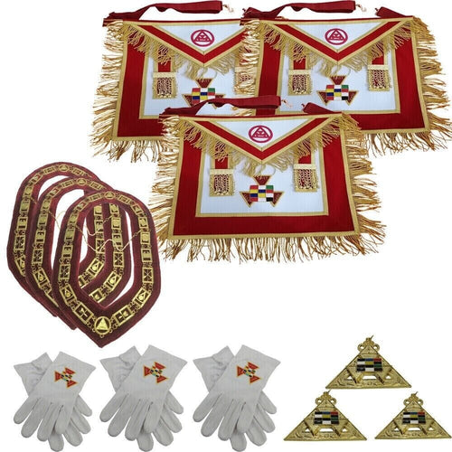 RIAZ IMPEX MASONIC REGALIA Masonic Royal Arch Apron, chain collar, JEWEL set High priest Red Pack of 3 Sets
