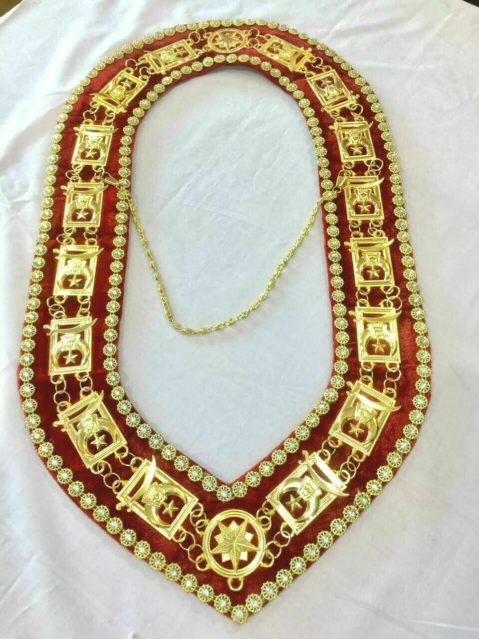 RIAZ IMPEX MASONIC REGALIA MASONIC SHRINER'S COLLAR GOLDEN ON RED VELVET with Rhinestones BEST QUALITY