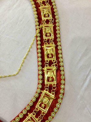 RIAZ IMPEX MASONIC REGALIA MASONIC SHRINER'S COLLAR GOLDEN ON RED VELVET with Rhinestones BEST QUALITY