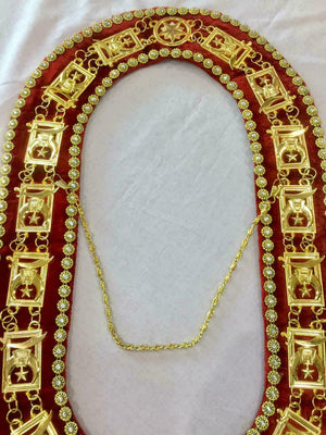 RIAZ IMPEX MASONIC REGALIA MASONIC SHRINER'S COLLAR GOLDEN ON RED VELVET with Rhinestones BEST QUALITY