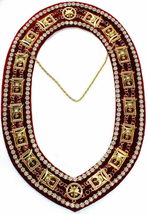 RIAZ IMPEX MASONIC REGALIA MASONIC SHRINER'S COLLAR GOLDEN ON RED VELVET with Rhinestones BEST QUALITY