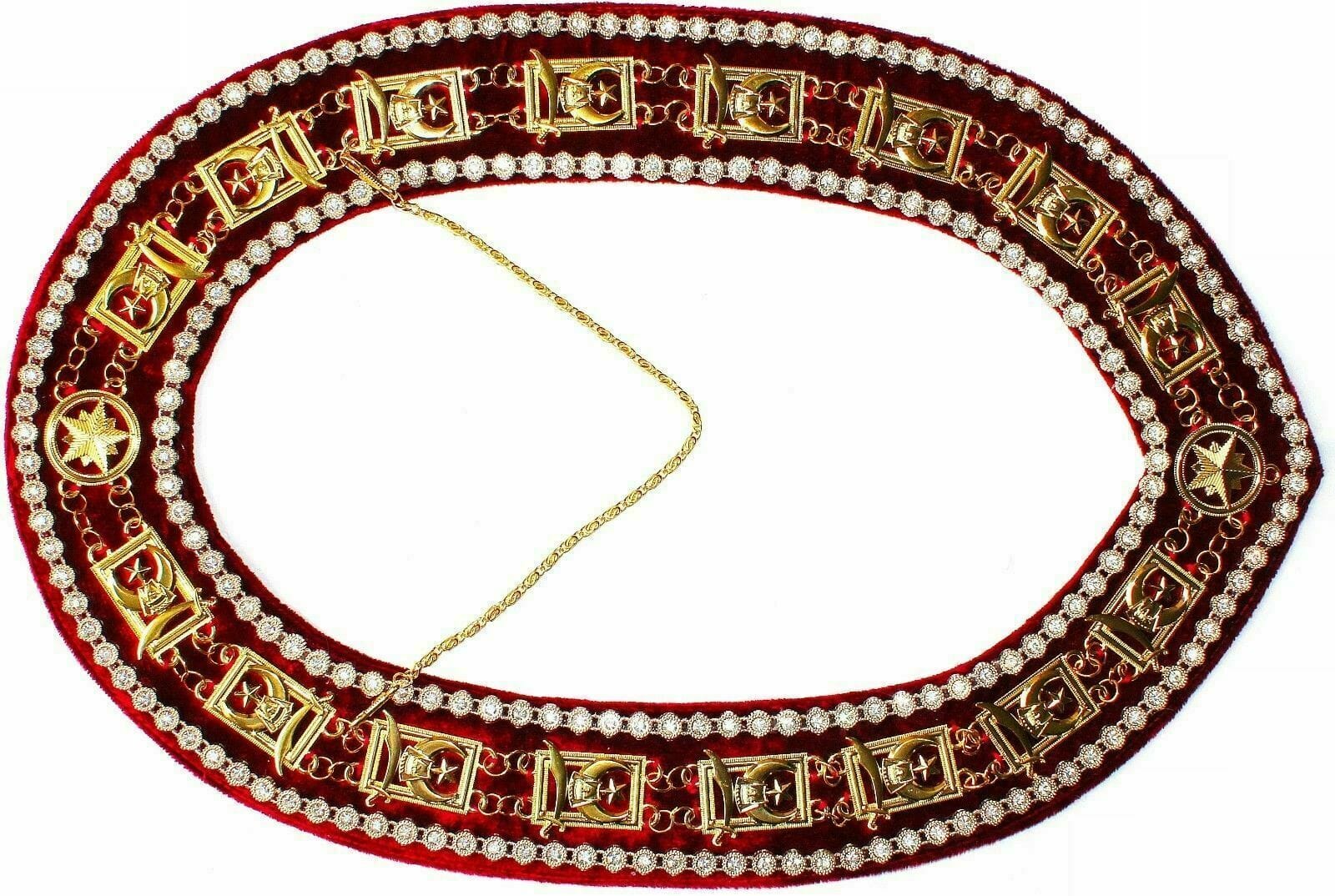 RIAZ IMPEX MASONIC REGALIA MASONIC SHRINER'S COLLAR GOLDEN ON RED VELVET with Rhinestones BEST QUALITY