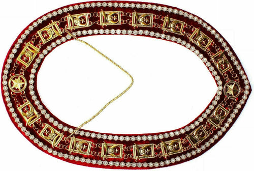 RIAZ IMPEX MASONIC REGALIA MASONIC SHRINER'S COLLAR GOLDEN ON RED VELVET with Rhinestones BEST QUALITY