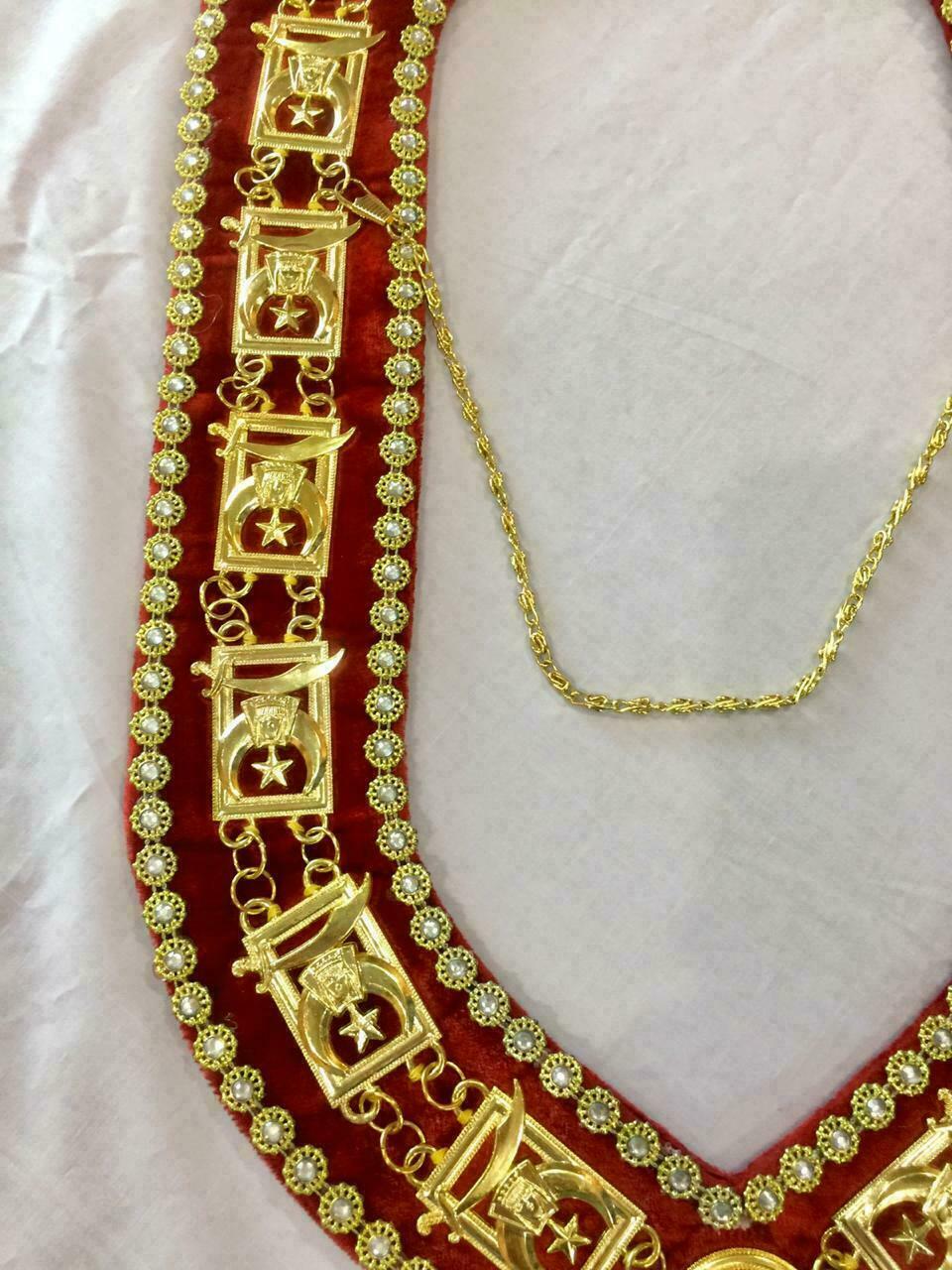 RIAZ IMPEX MASONIC REGALIA MASONIC SHRINER'S COLLAR GOLDEN ON RED VELVET with Rhinestones BEST QUALITY