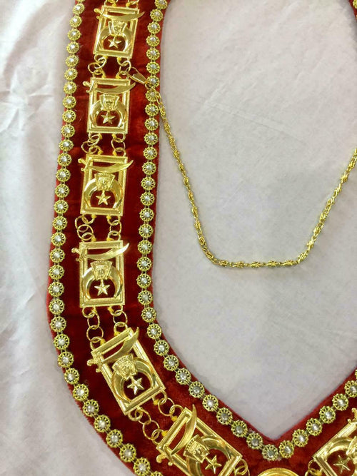 RIAZ IMPEX MASONIC REGALIA MASONIC SHRINER'S COLLAR GOLDEN ON RED VELVET with Rhinestones BEST QUALITY