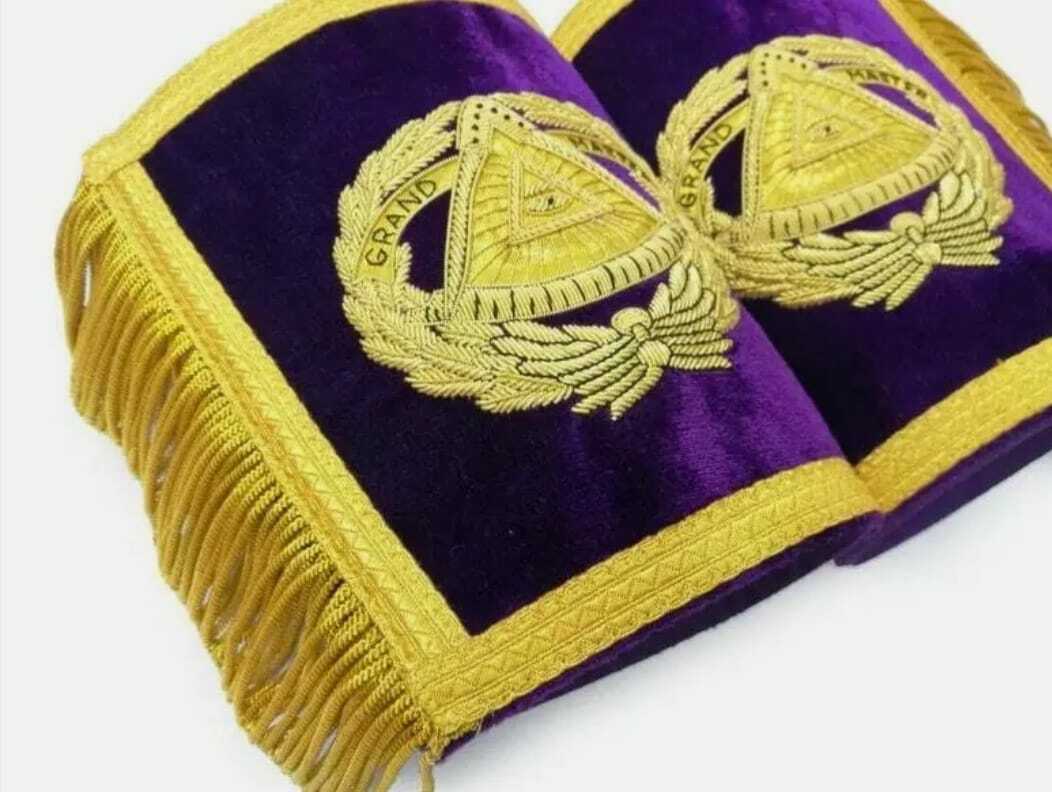 RIAZ IMPEX MASONIC REGALIA Purple Masonic Gauntlets Cuffs - Grand Master Bullion Embroidered With Fringes