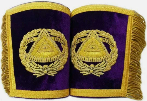 RIAZ IMPEX MASONIC REGALIA Purple Masonic Gauntlets Cuffs - Grand Master Bullion Embroidered With Fringes
