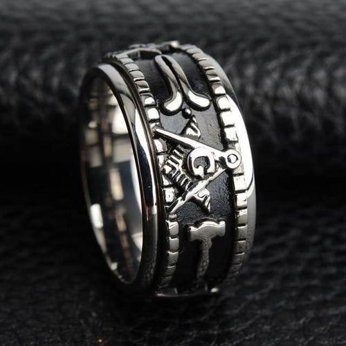 Riaz Impex Masonic Rings 7 / Silver Tone Master Mason Rotating Square & Compass Ring
