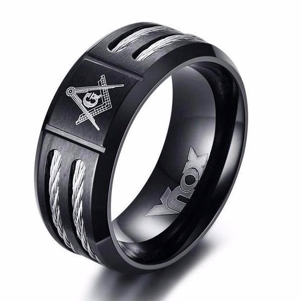 Riaz Impex Masonic Rings Master Mason Black Ring – Silver Cable Detail
