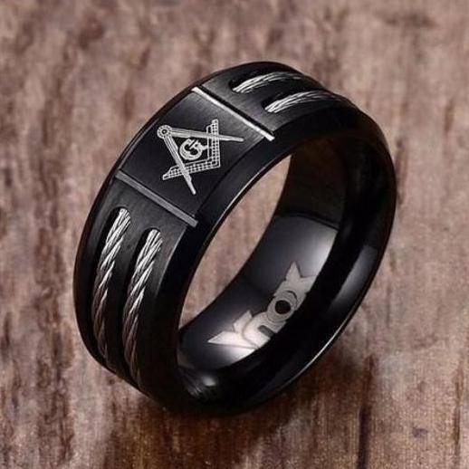 Riaz Impex Masonic Rings Master Mason Black Ring – Silver Cable Detail