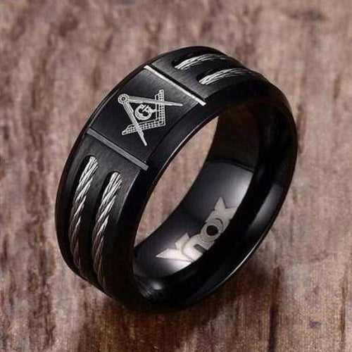 Riaz Impex Masonic Rings Master Mason Black Ring – Silver Cable Detail