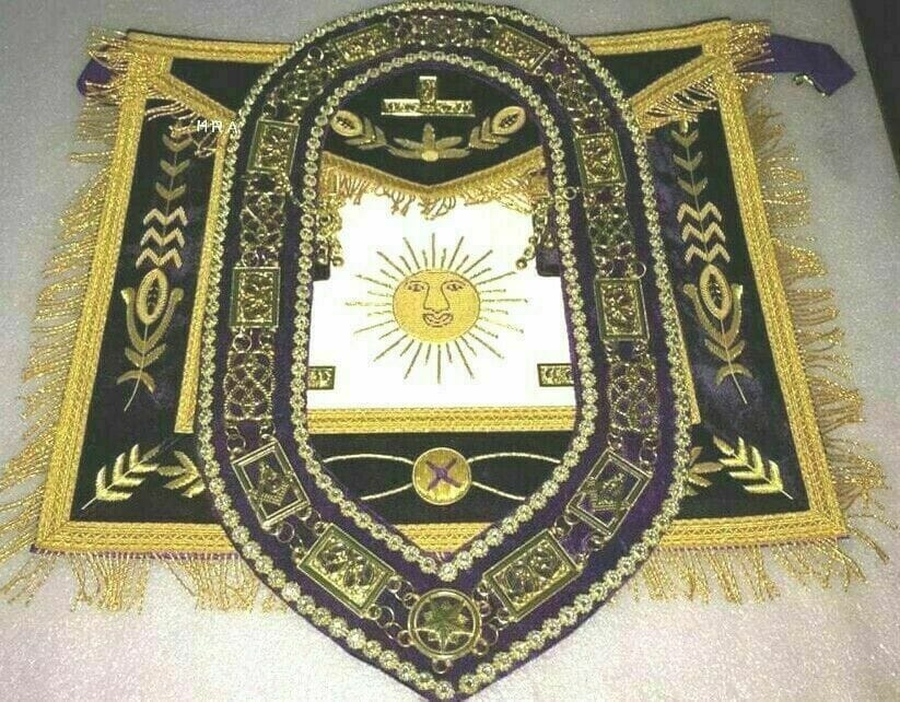 RIAZ IMPEX Wrestling Belts HAND EMBROIDERED MASONIC GRAND MASTER APRON with CHAIN COLLAR PURPLE VELVET