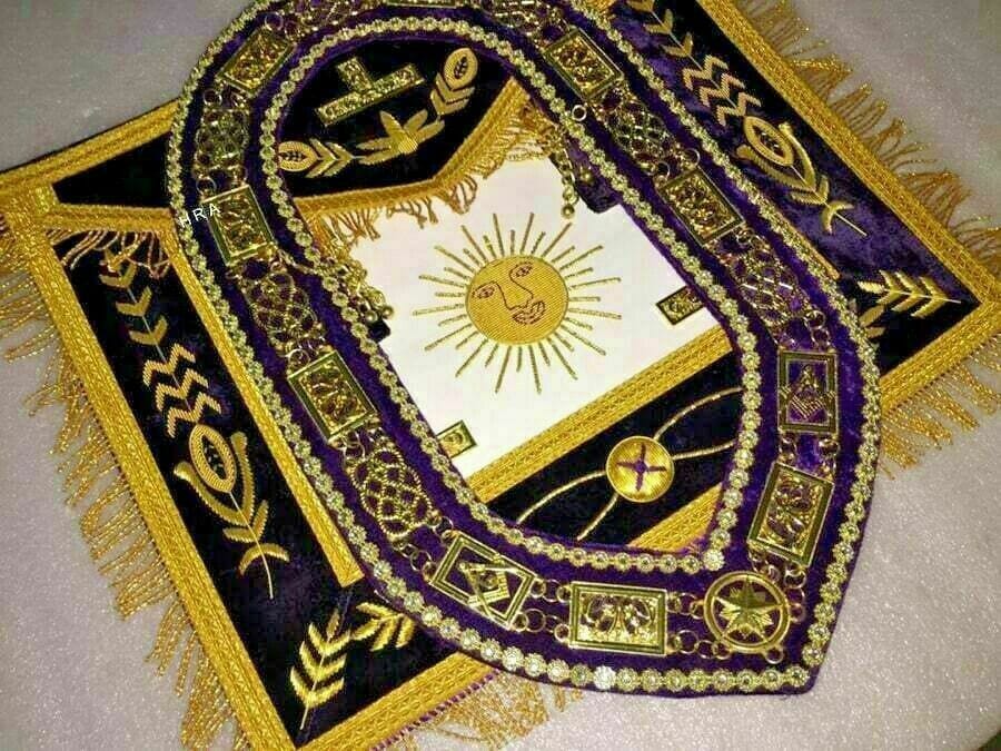 RIAZ IMPEX Wrestling Belts HAND EMBROIDERED MASONIC GRAND MASTER APRON with CHAIN COLLAR PURPLE VELVET