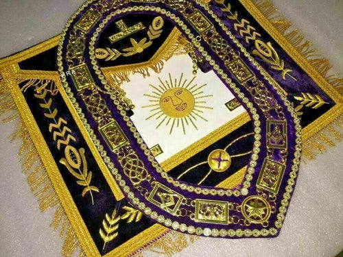 RIAZ IMPEX Wrestling Belts HAND EMBROIDERED MASONIC GRAND MASTER APRON with CHAIN COLLAR PURPLE VELVET