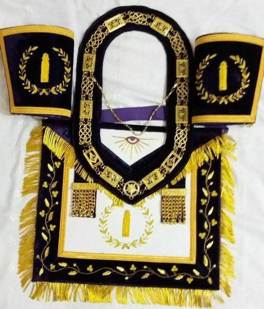 RIAZ IMPEX Wrestling Belts HAND EMBROIDERY MASONIC GRAND LODGE JUNIOR WARDEN APRON CUFFS and CHAIN COLLAR