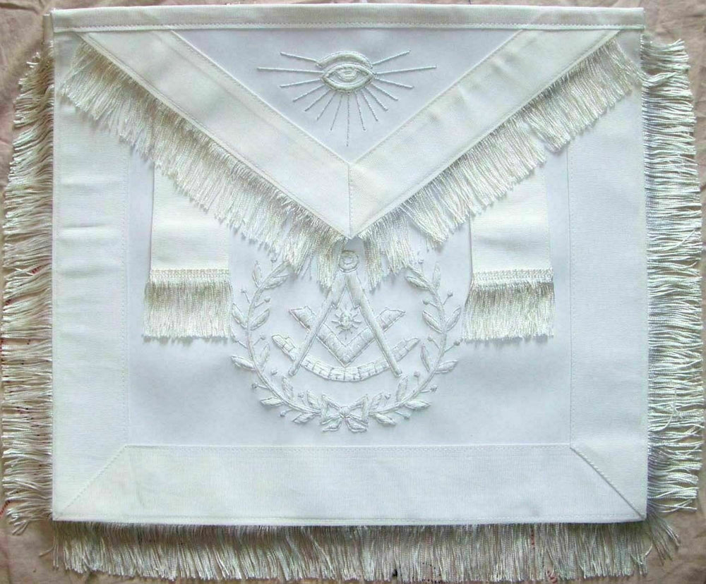 RIAZ IMPEX Wrestling Belts MASONIC PAST MASTER APRON ALL WHITE WITH WREATH FRINGE HAND EMBROIDERED
