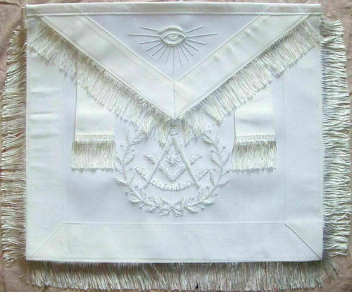 RIAZ IMPEX Wrestling Belts MASONIC PAST MASTER APRON ALL WHITE WITH WREATH FRINGE HAND EMBROIDERED